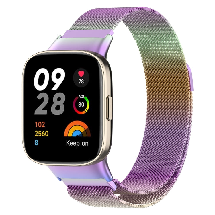 Purple-to-green milanese metal watch band on smartwatch, mesh links and clasp