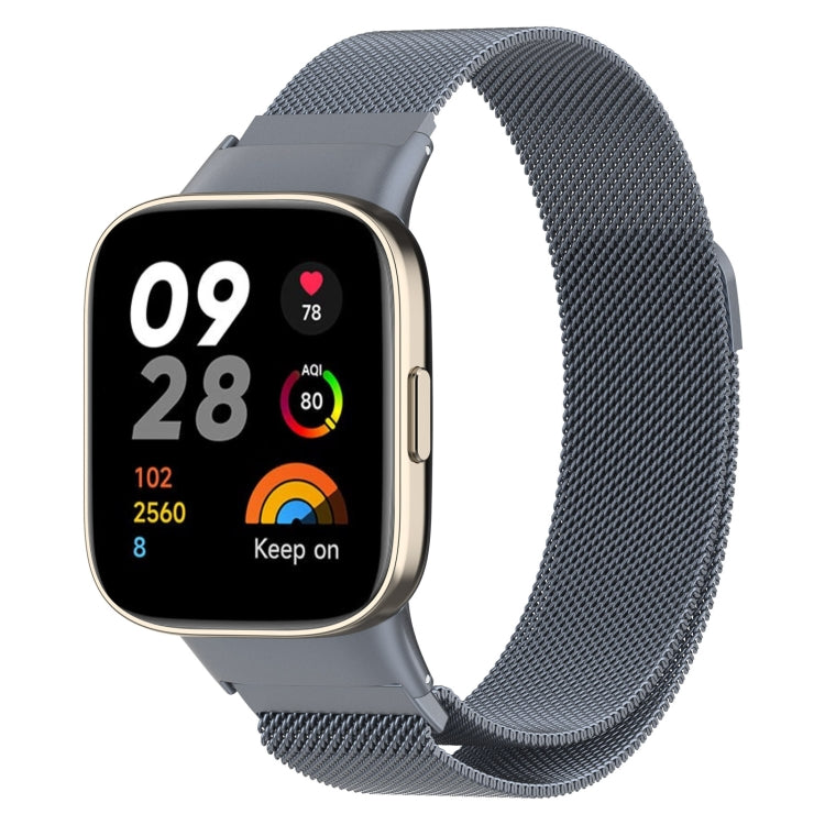Space grey milanese metal watch band on smartwatch, mesh links with clasp