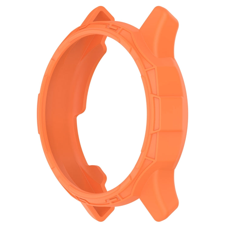 Orange armor watch protective case, open hollow bezel frame, side view
