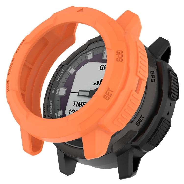 Orange protective watch case with raised bumper and cutout windows for smartwatch display
