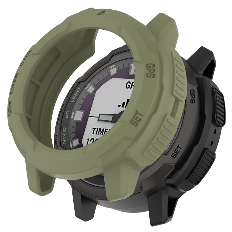 Olive green protective watch case with raised bumper and cutout windows for smartwatch display