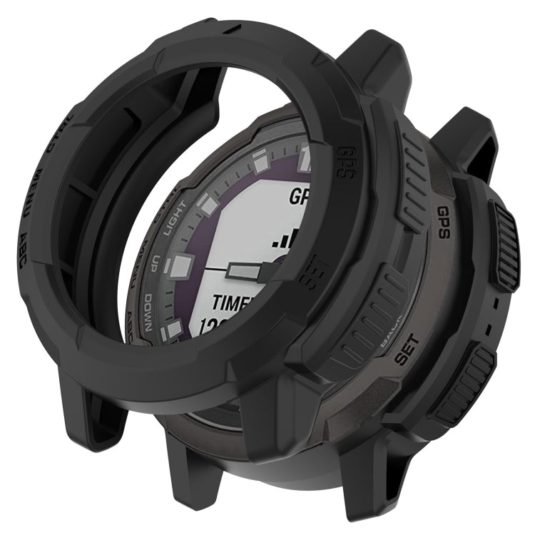 Black protective watch case with raised bumper and cutout windows for smartwatch display