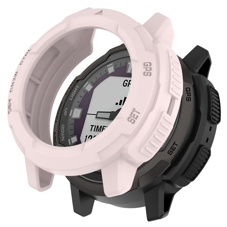 Light pink protective watch case with raised bumper and cutout windows for smartwatch display