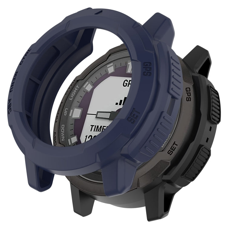 Midnight blue protective watch case with raised bumper and cutout windows for smartwatch display