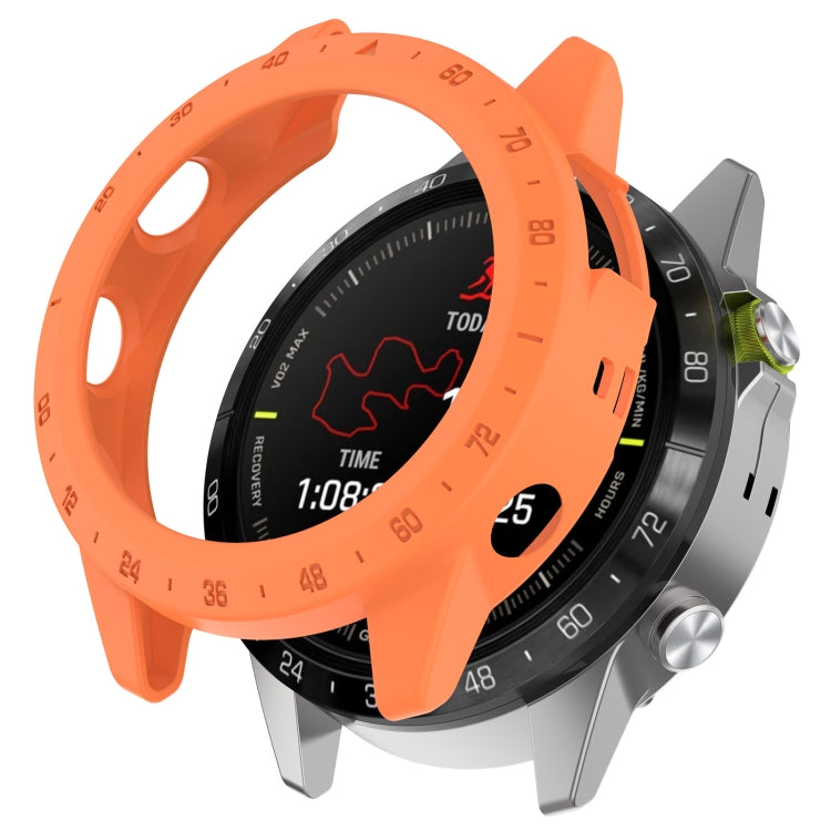 Orange protective watch case with raised bumper and perforated strap pass-through openings