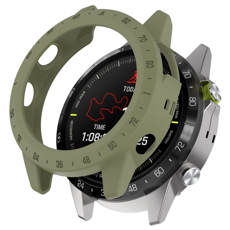 Olive green protective watch case with raised bumper and perforated strap pass-through openings