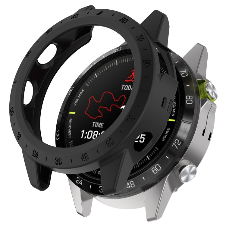 Black protective watch case with raised bumper and perforated strap pass-through openings