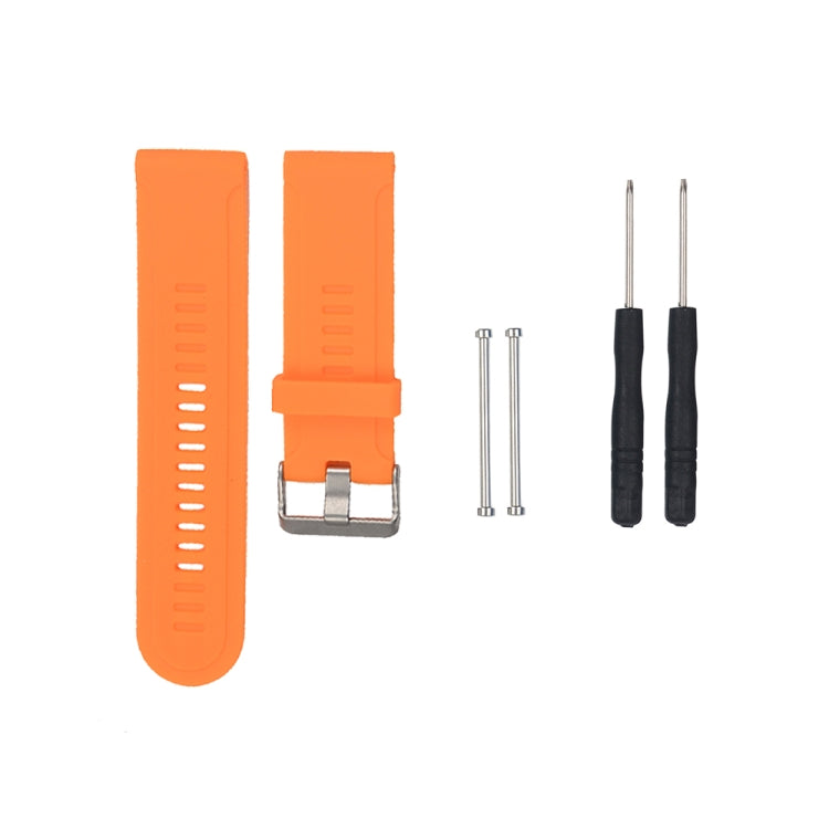 Orange silicone replacement watch strap with metal buckle and strap adjustment holes