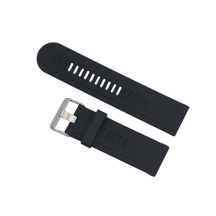Black silicone watch strap with metal buckle and perforated adjustment holes