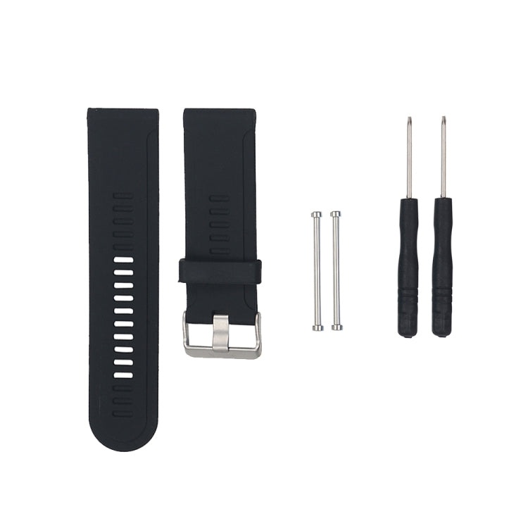 Black silicone replacement watch strap set with metal buckle hardware and pins