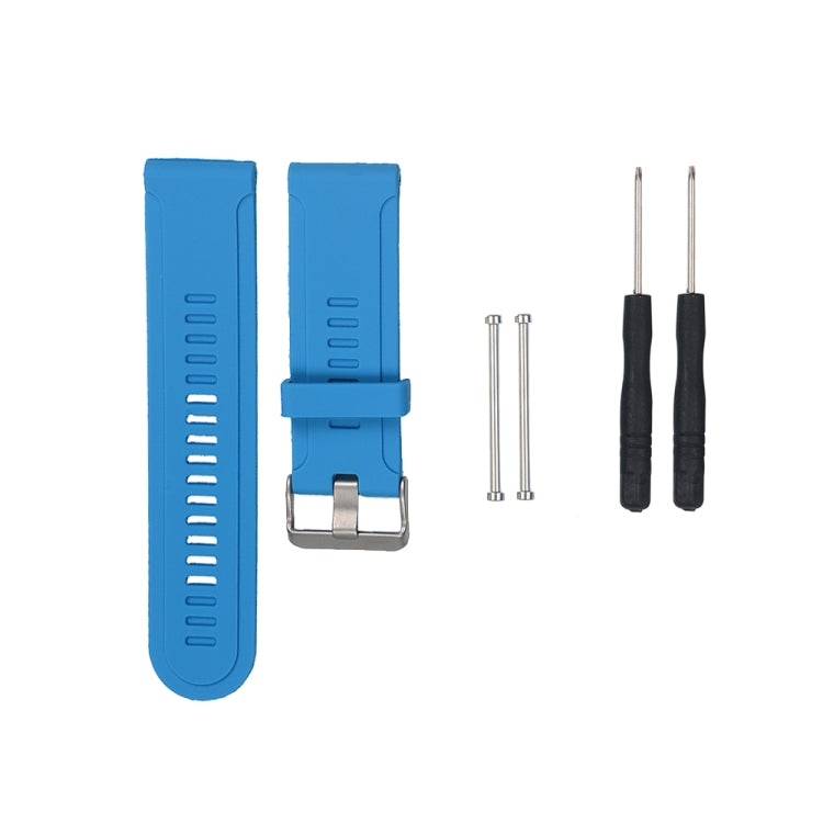 Blue silicone replacement watch strap with metal buckle and adjustment holes