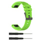 Lime green silicone replacement watch strap with quick-release buckle and pin tools