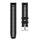 Black silicone replacement watch strap with metal buckle and row of adjustment holes