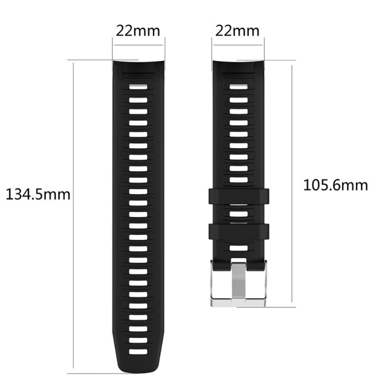 Black silicone replacement watch strap with metal buckle, shown with size measurements 22mm