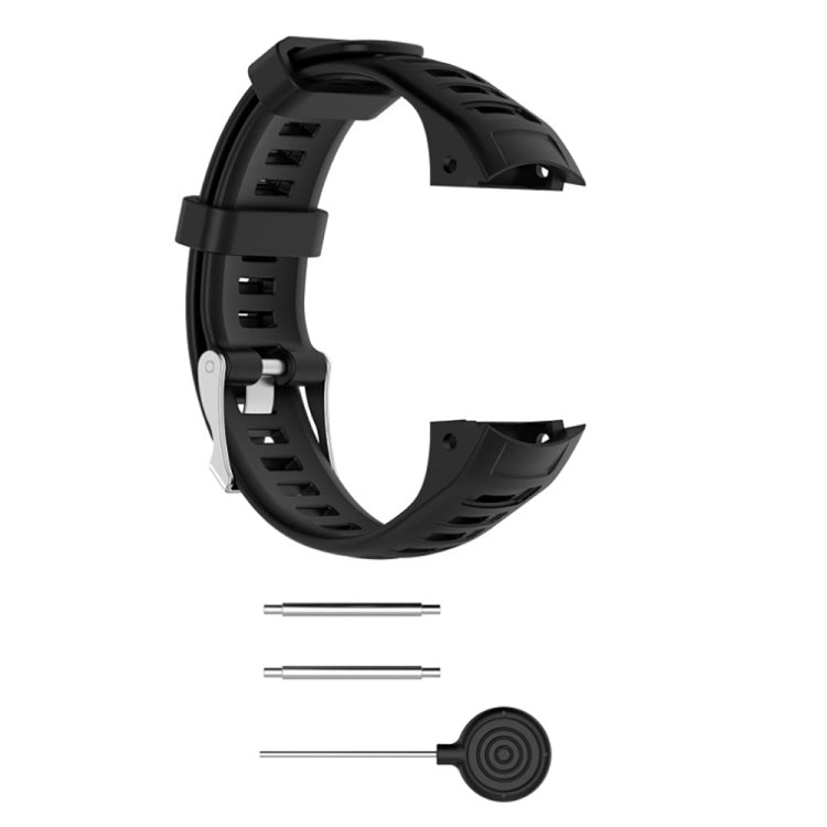 Black silicone replacement watch strap set with pins and metal buckle