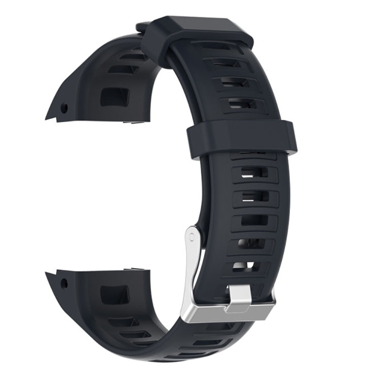 Dark blue silicone replacement watch strap with metal buckle and adjustment holes