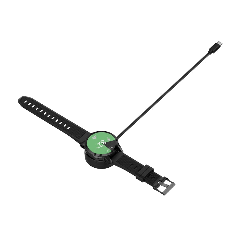 Black watch charging dock attached to smartwatch band with USB-C cable