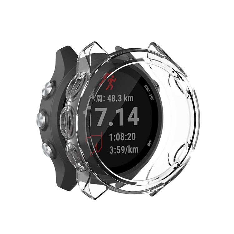 Transparent silicone protective case on smartwatch with black screen display visible.
