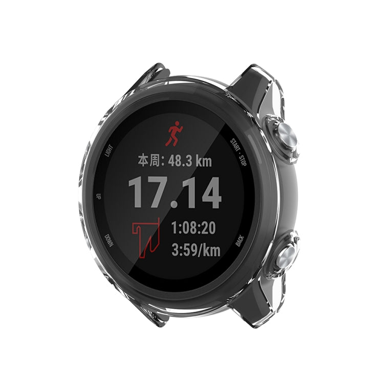 Transparent silicone protective case for smartwatch, front view with black display on.