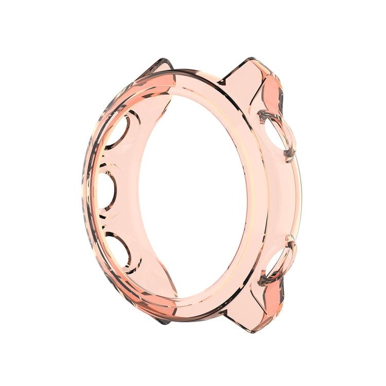 Transparent orange silicone protective watch case, clear coral-toned ring with cutouts.