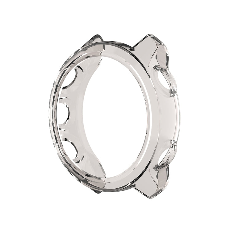 Transparent grey silicone protective watch case, clear ring with side clips and cutouts.