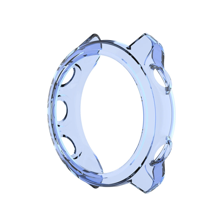 Transparent blue silicone protective watch case, clear blue ring with side clip cutouts.