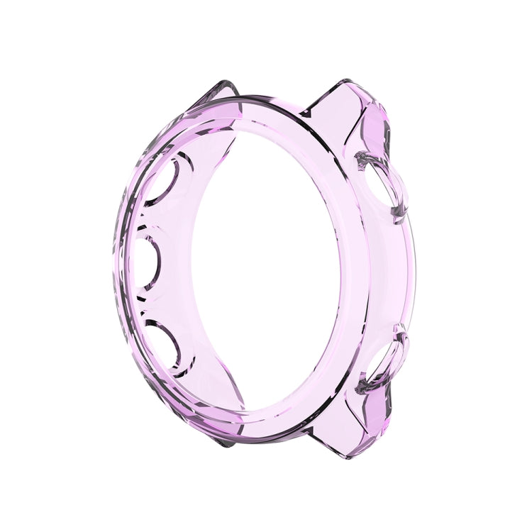 Transparent purple silicone protective watch case, clear magenta-toned ring with cutouts.