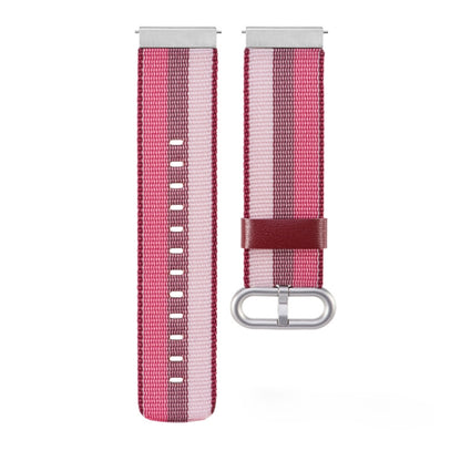 Nylon watch strap with red-and-white striped fabric, metal buckle and adjustment holes