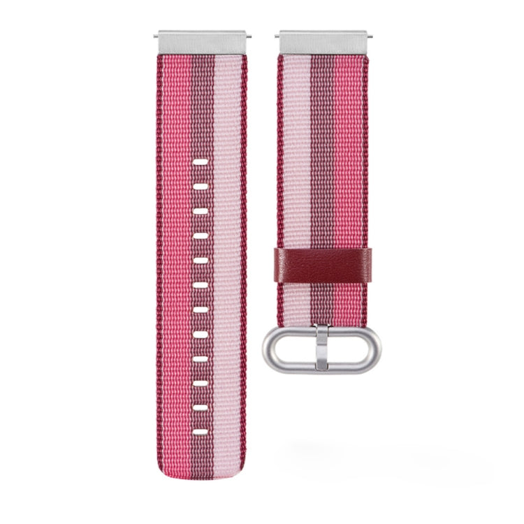 Nylon watch strap with red-and-white striped woven fabric, metal D-ring buckle