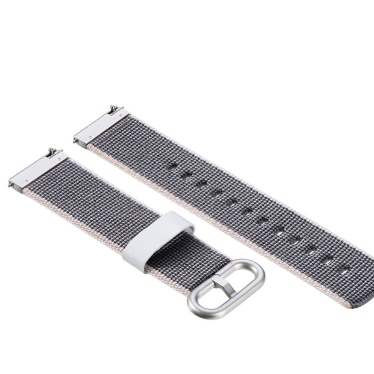 Nylon watch strap with gray woven texture, white keeper strap and metal buckle loop