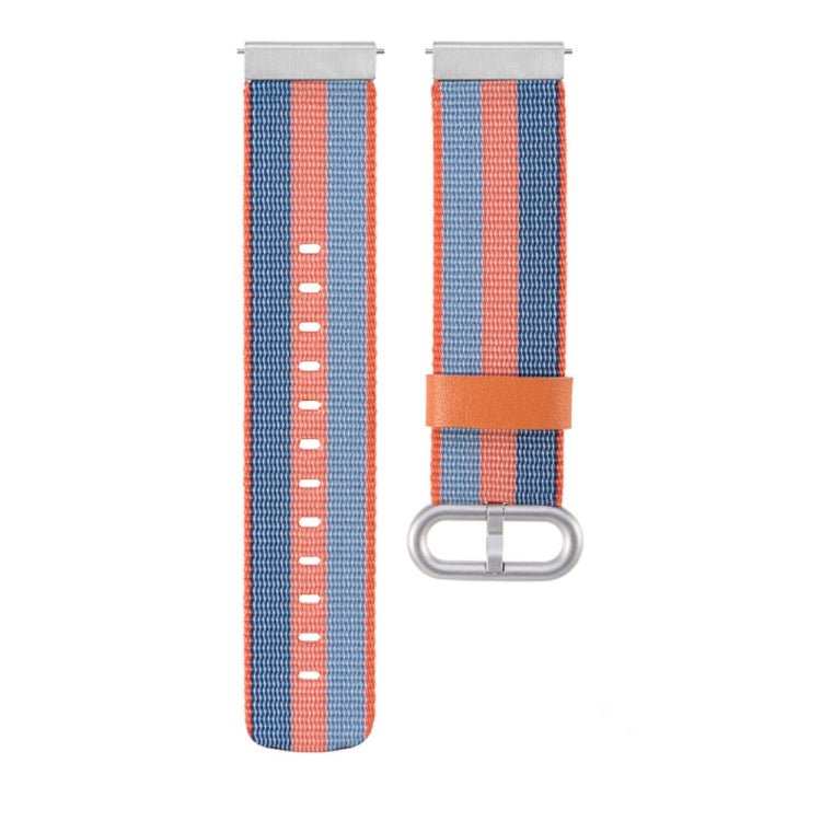 Nylon watch strap with blue, orange, and white stripes, metal D-ring buckle