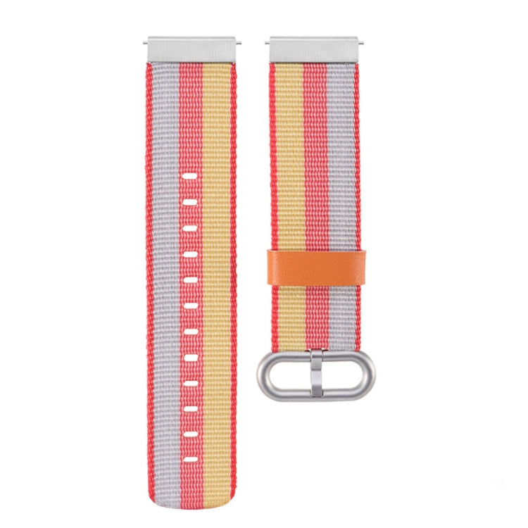 Nylon watch strap with red-and-white stripes, tan keeper band and metal buckle loop