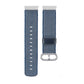 Nylon watch strap with blue woven texture, black keeper band and metal buckle loop