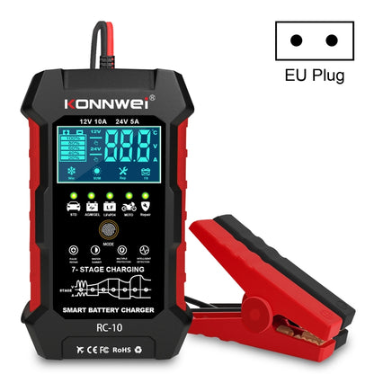 KONNWEI RC-10 battery charger with EU plug, LCD display, red battery clamps