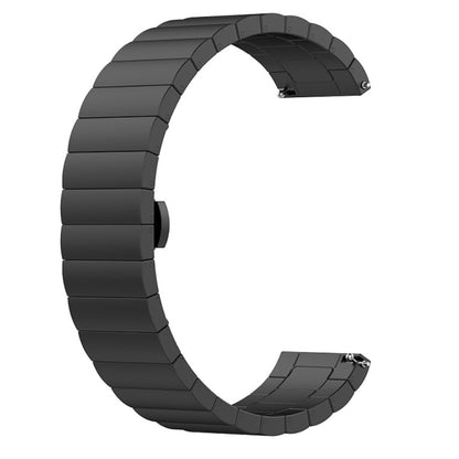 Black metal link watch strap with buckle clasp, curved for a smartwatch.