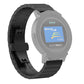 Black metal link watch strap with smartwatch display attached on the band.