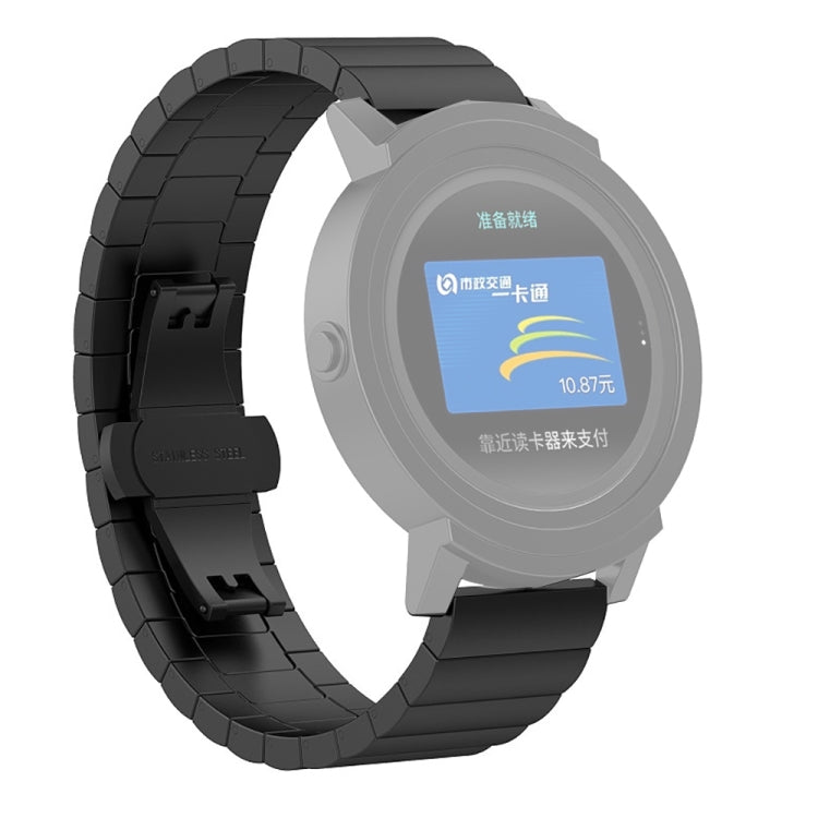 Black metal link watch strap with smartwatch display attached on the band.