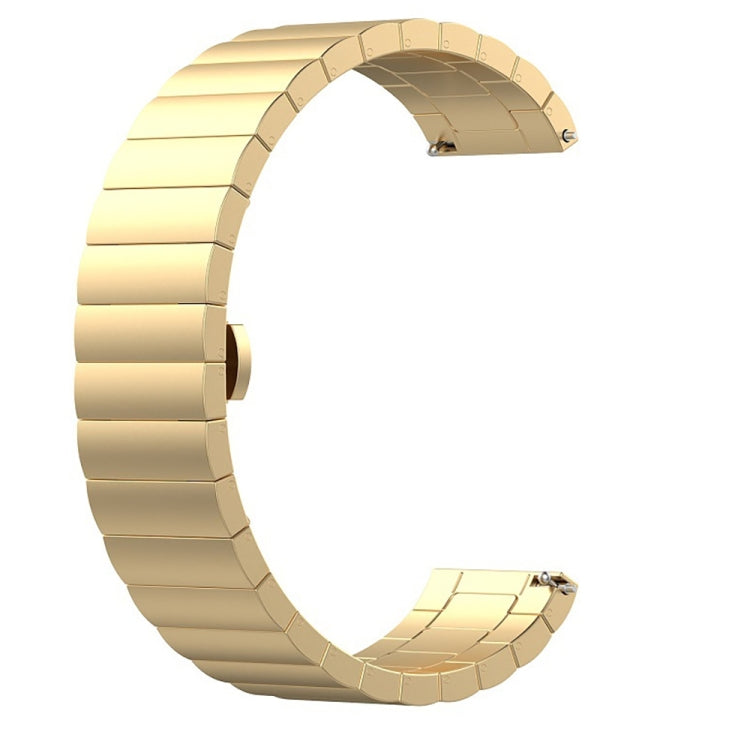 Gold metal link watch strap with buckle clasp for a smartwatch.