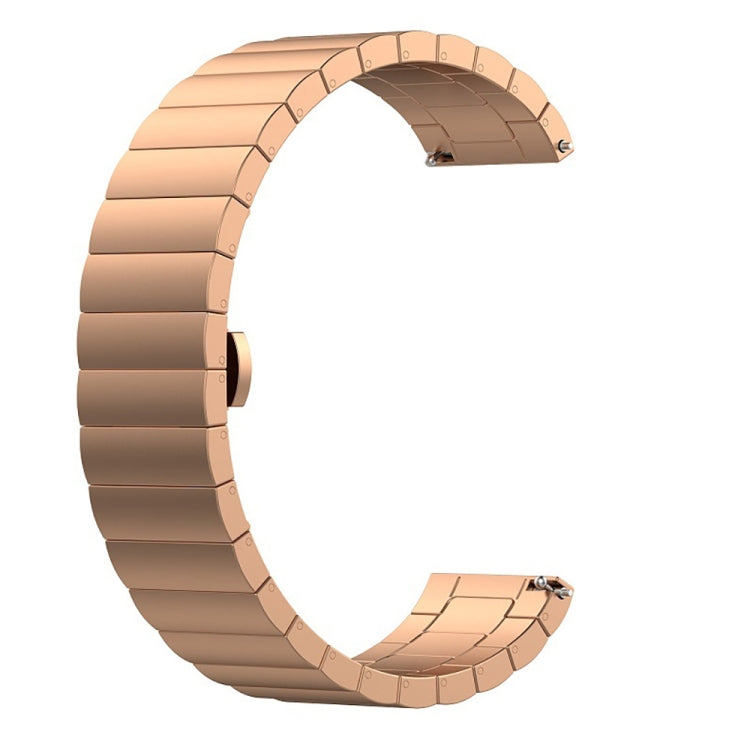 Rose gold metal link watch strap with buckle clasp for a smartwatch.