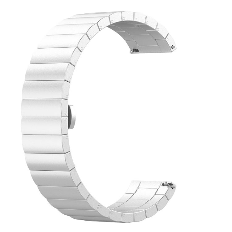 Silver metal link watch strap with buckle clasp for a smartwatch.