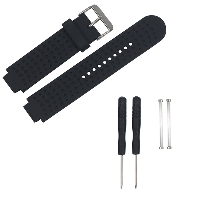 Black perforated silicone watch strap with metal buckle and adjustment holes, with pins