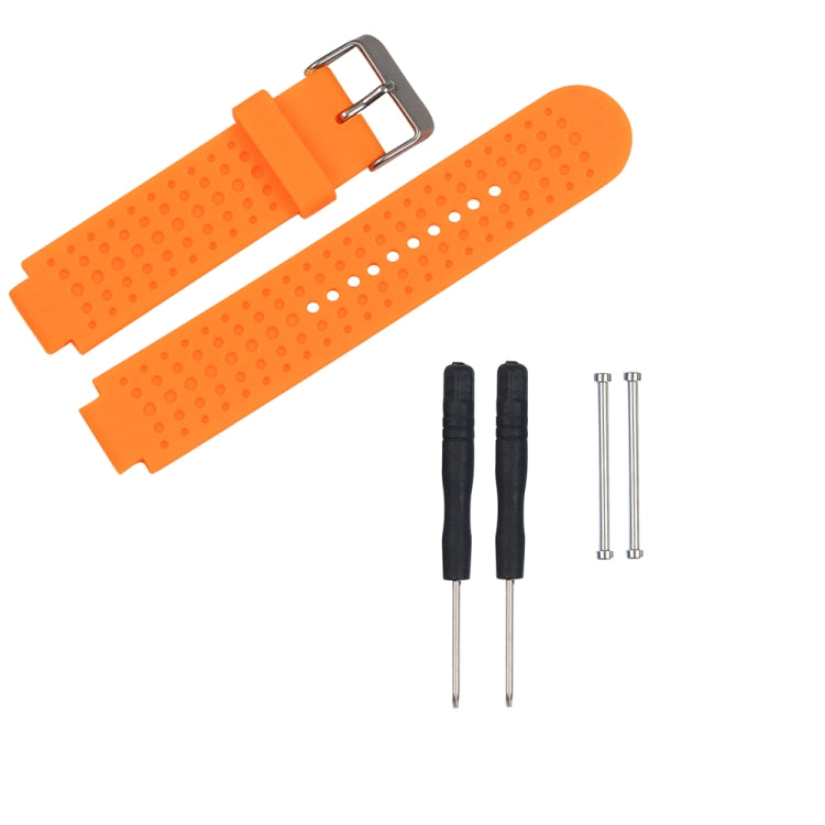 Orange perforated silicone watch strap with metal buckle and adjustment holes, with pins