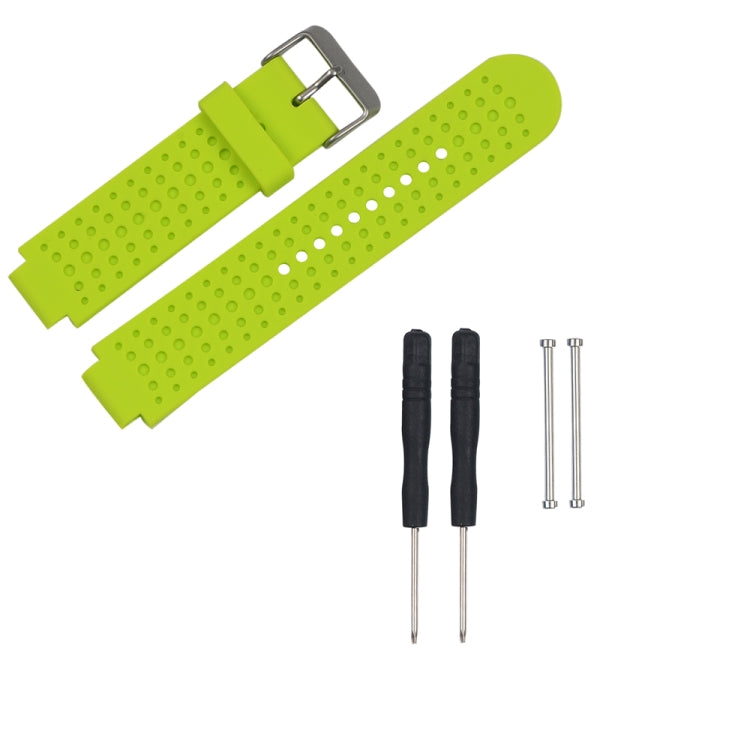 Lime green perforated silicone watch strap with metal buckle and adjustment holes, with pins