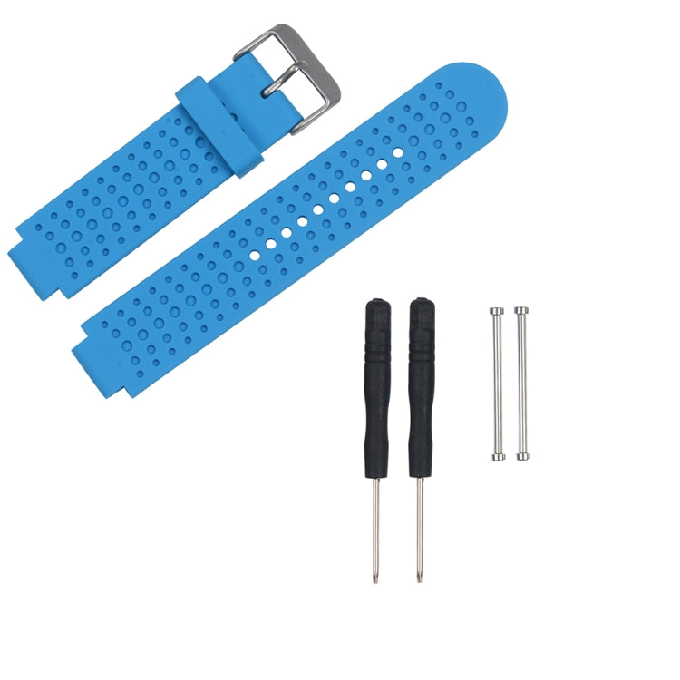 Blue perforated silicone watch strap with metal buckle and adjustment holes, with pins