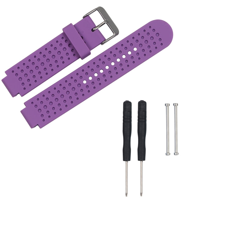 Purple perforated watch strap with metal buckle, plus replacement pins and tools
