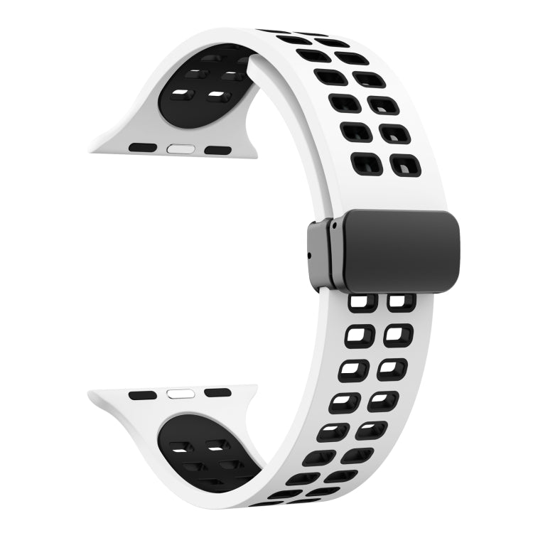 White silicone watch band close-up with square cutouts and magnetic fold clasp