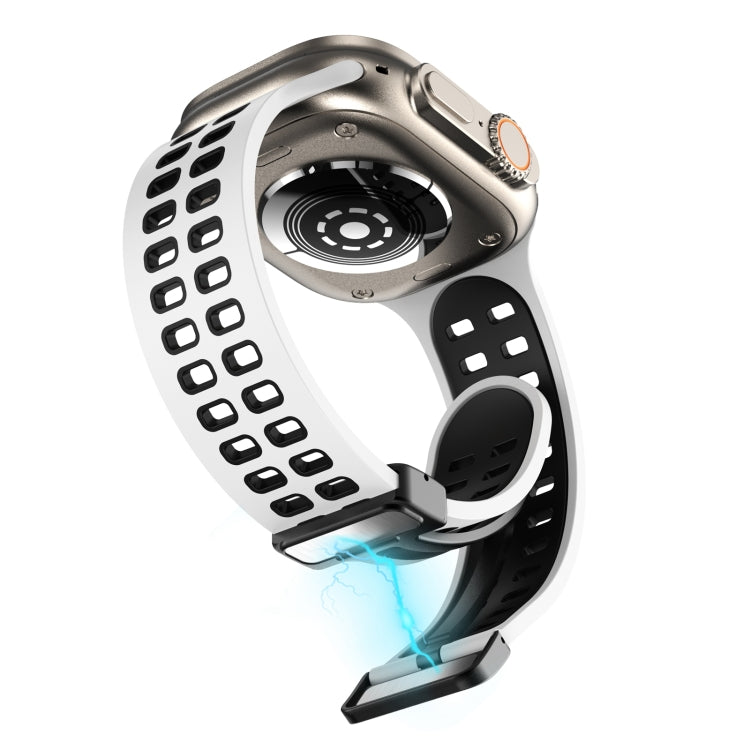 White silicone watch band underside view with magnetic fold clasp and square cutouts