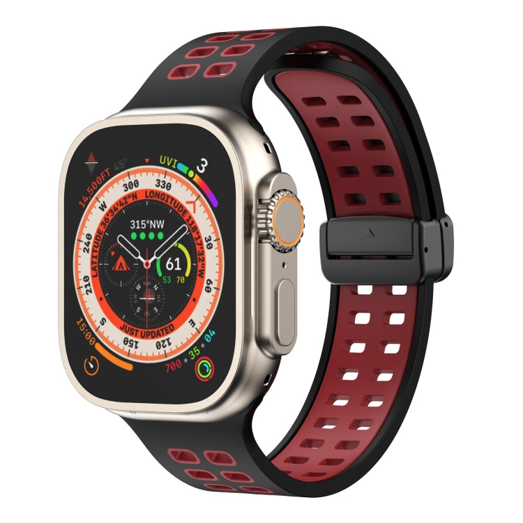 Silicone watch band with magnetic fold clasp, black strap and dark red square-hole perforations