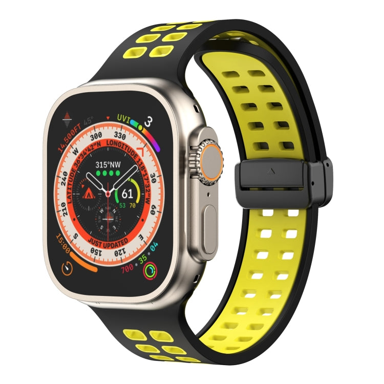 Silicone watch band with magnetic fold clasp, black strap and yellow square-hole perforations