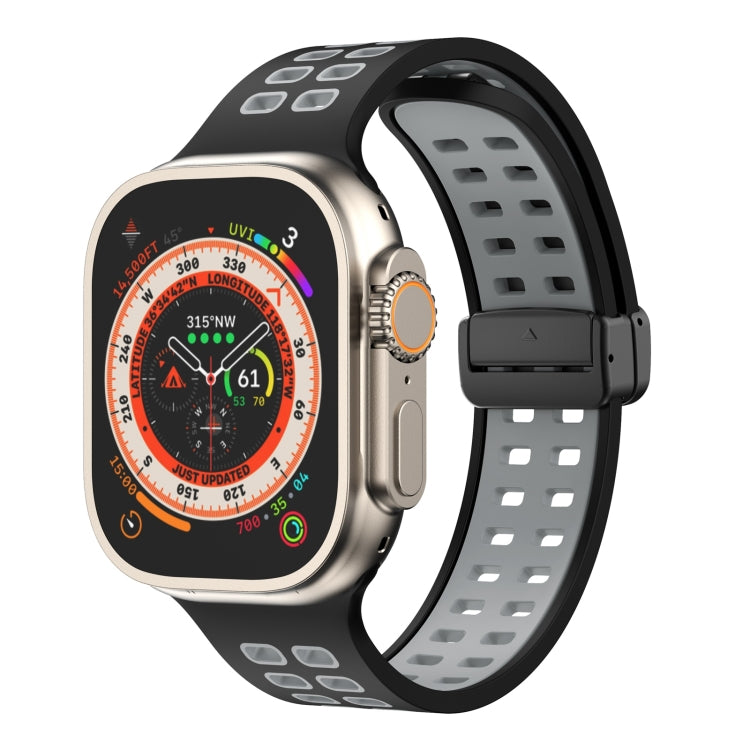 Silicone watch band with magnetic fold clasp, black strap and light gray square-hole perforations